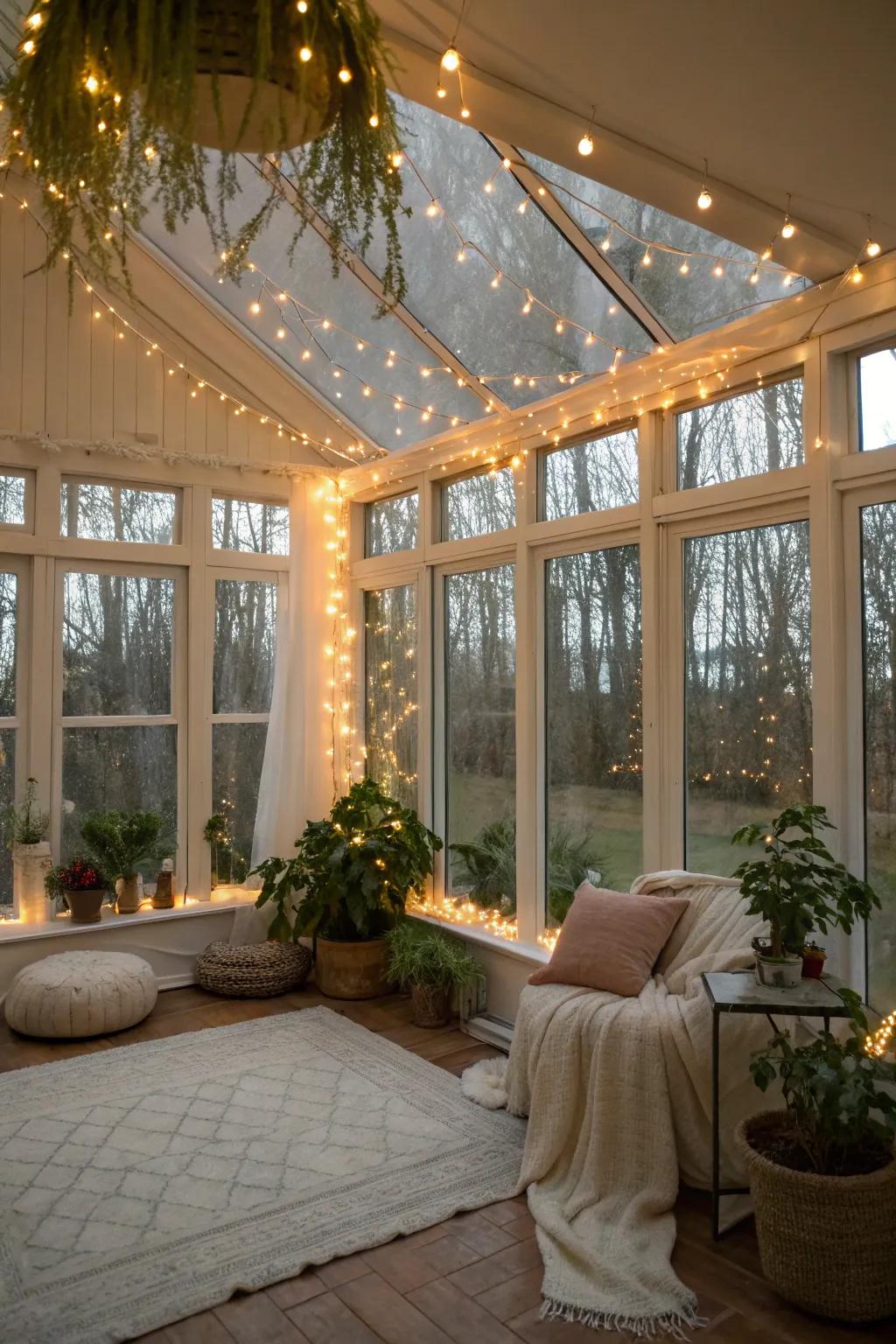 Twinkling lights create an enchanting atmosphere in your sunroom.