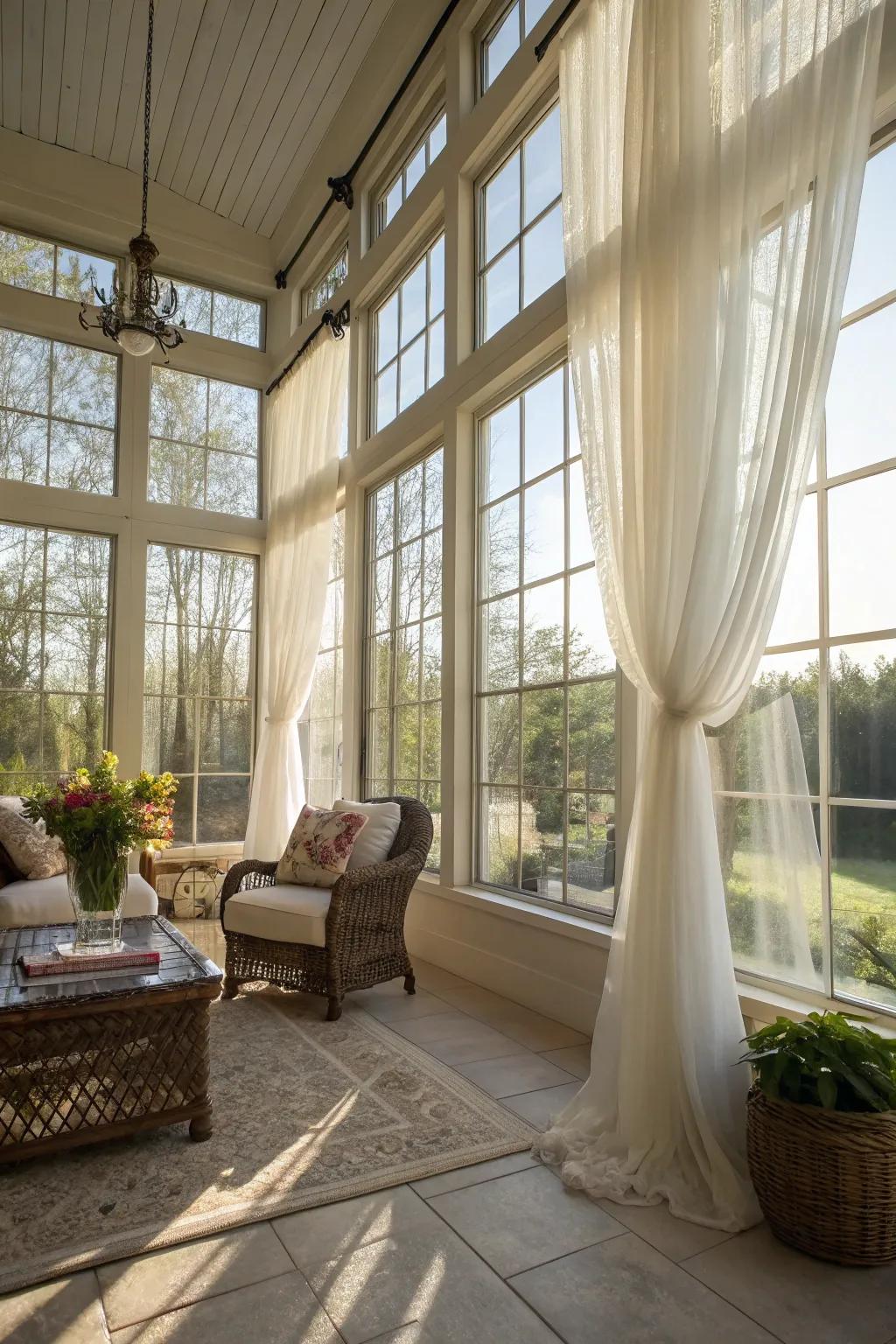 Light curtains let sunlight flood the room, enhancing its inherent charm.
