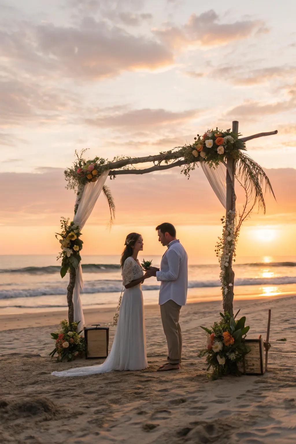 An intimate ceremony held on a sandy beach, delicately framed by a modest floral arch.