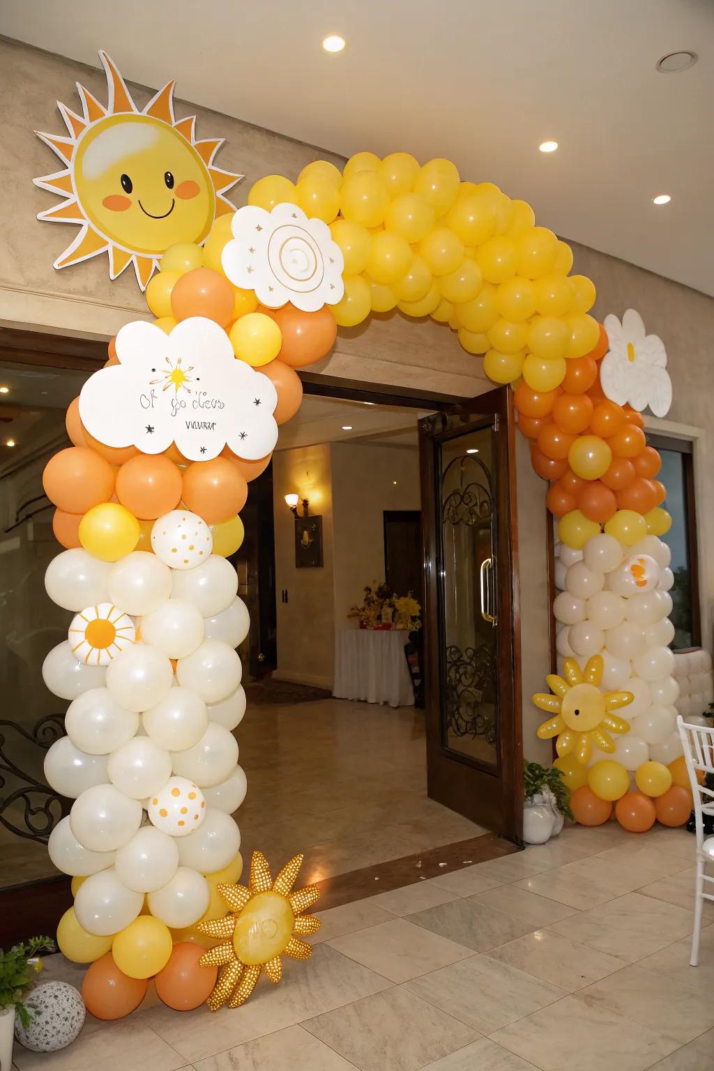 A delightful balloon arch extends a warm welcome to guests at the sunshine baby shower.