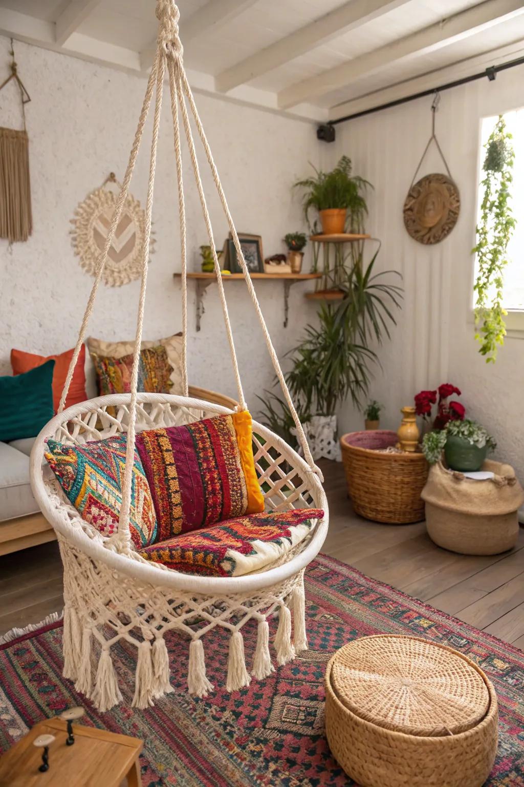 A bohemian macrame swing adds whimsy and warmth.