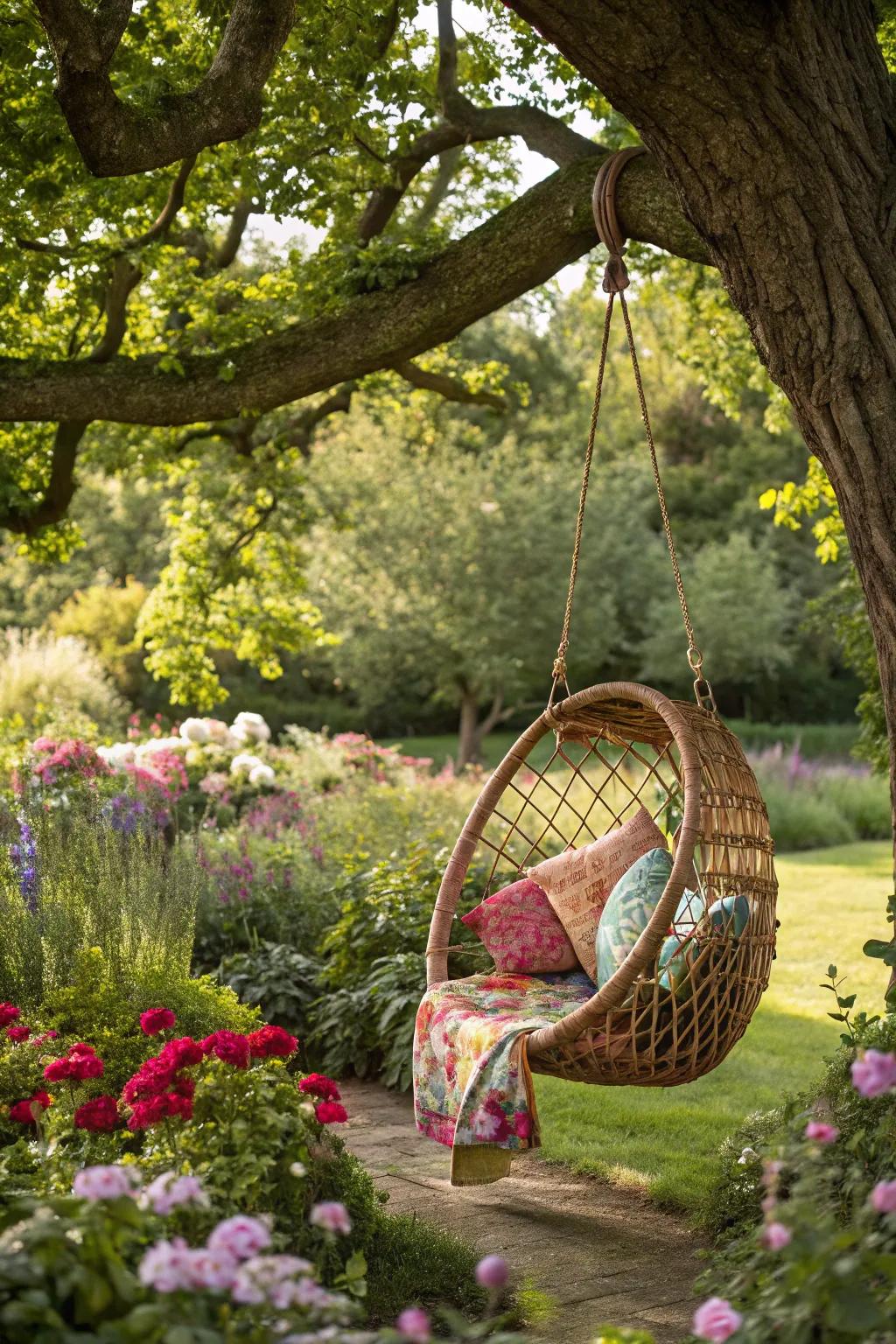 A bohemian rattan suspension seat imparts charm to this garden getaway.