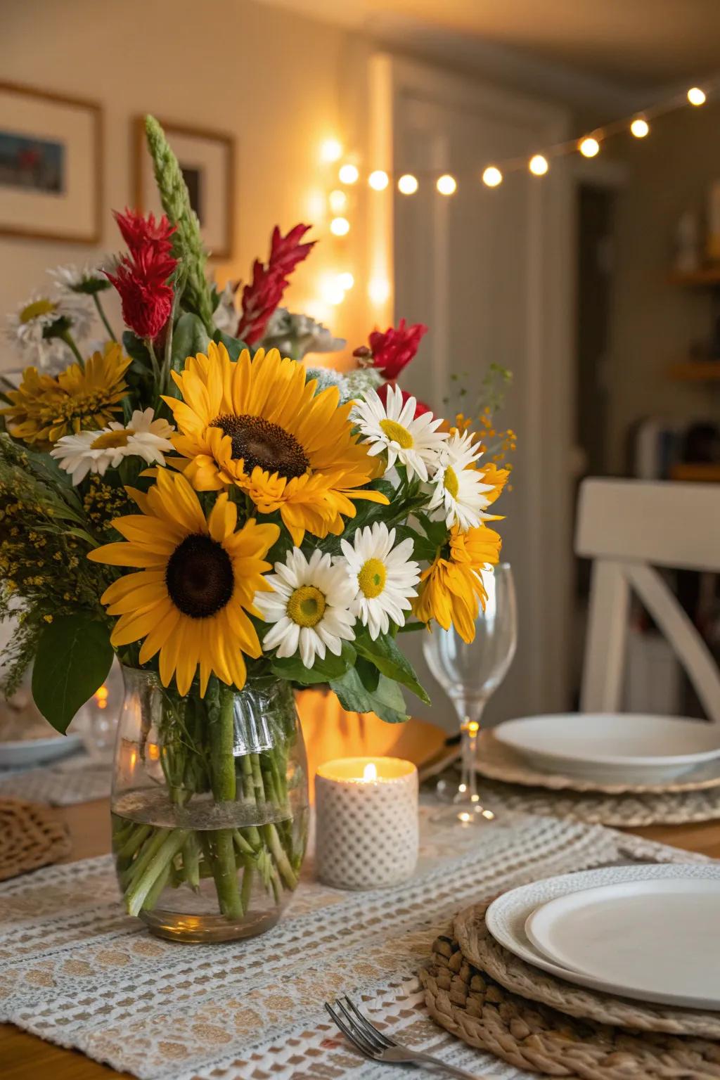 A dining table decorated with a vivid and bright floral arrangement for making any meal happier.