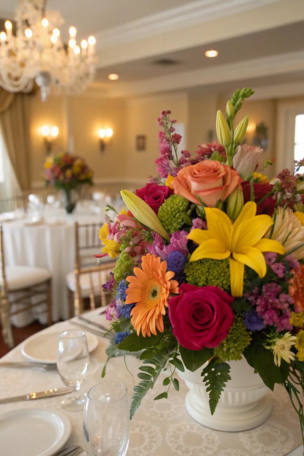 A spirited centerpiece showcasing an array of peonies, roses, and dahlias.