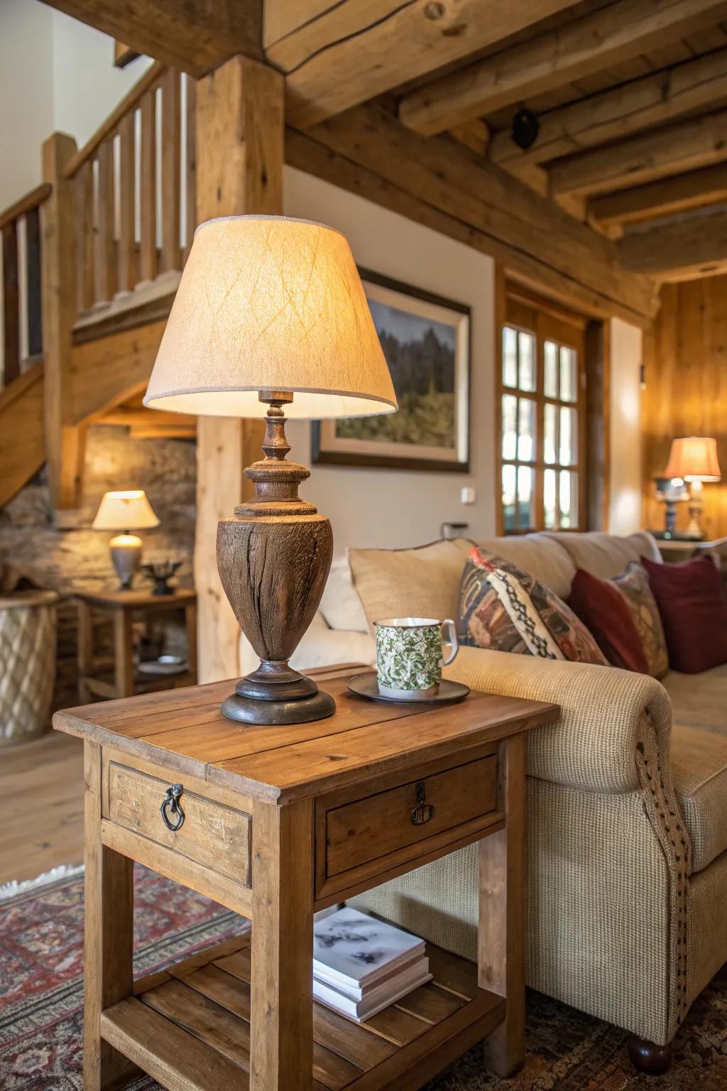 A wooden table lamp radiates rustic appeal in a comfortable living space.