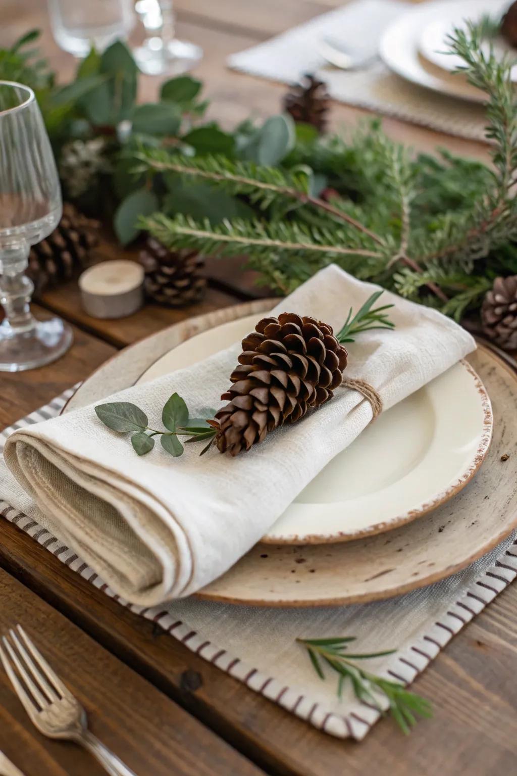 A country-style table display elevated by a pinecone and some greenery.