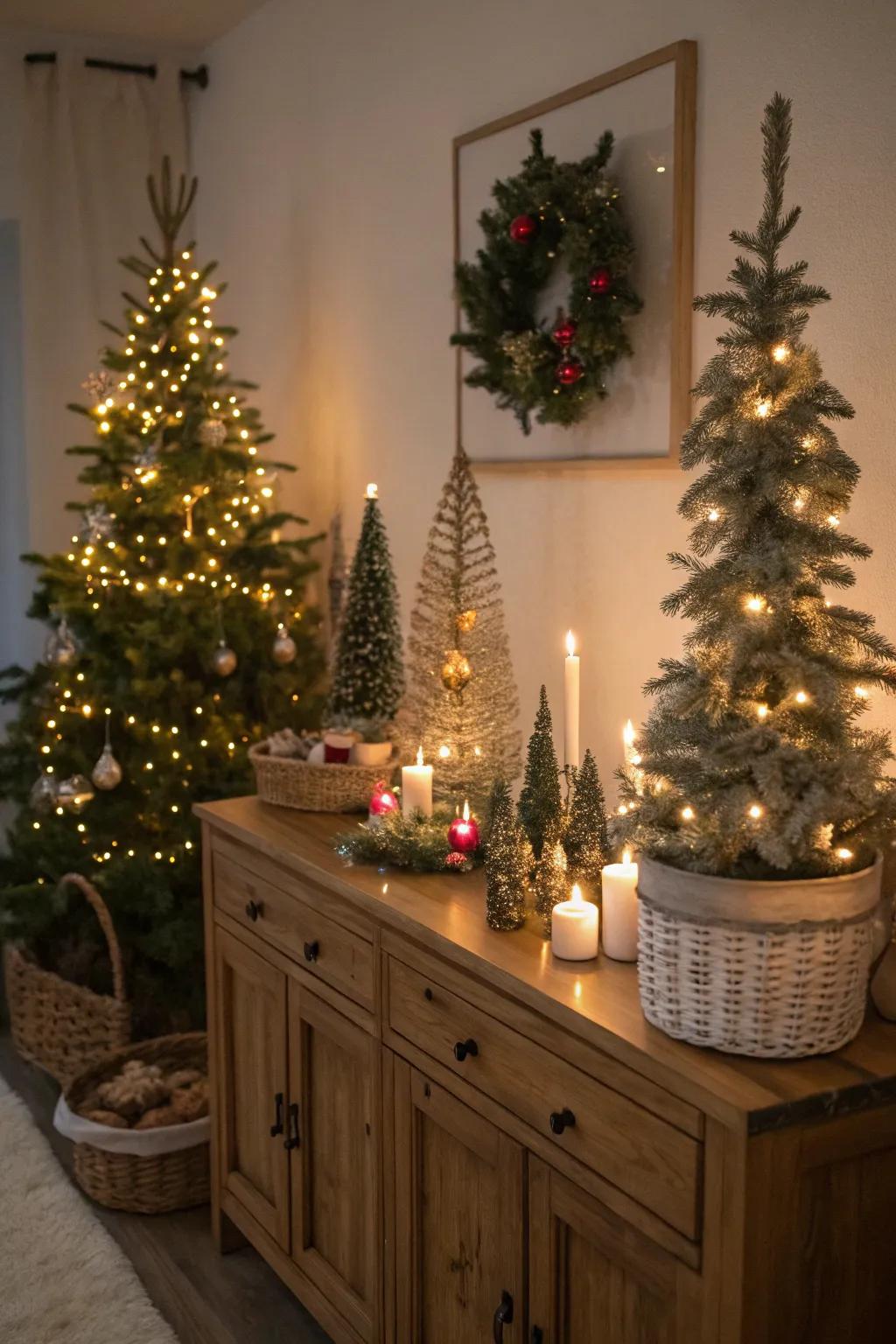 A delightful scene of a small forest on a sideboard in the living room.