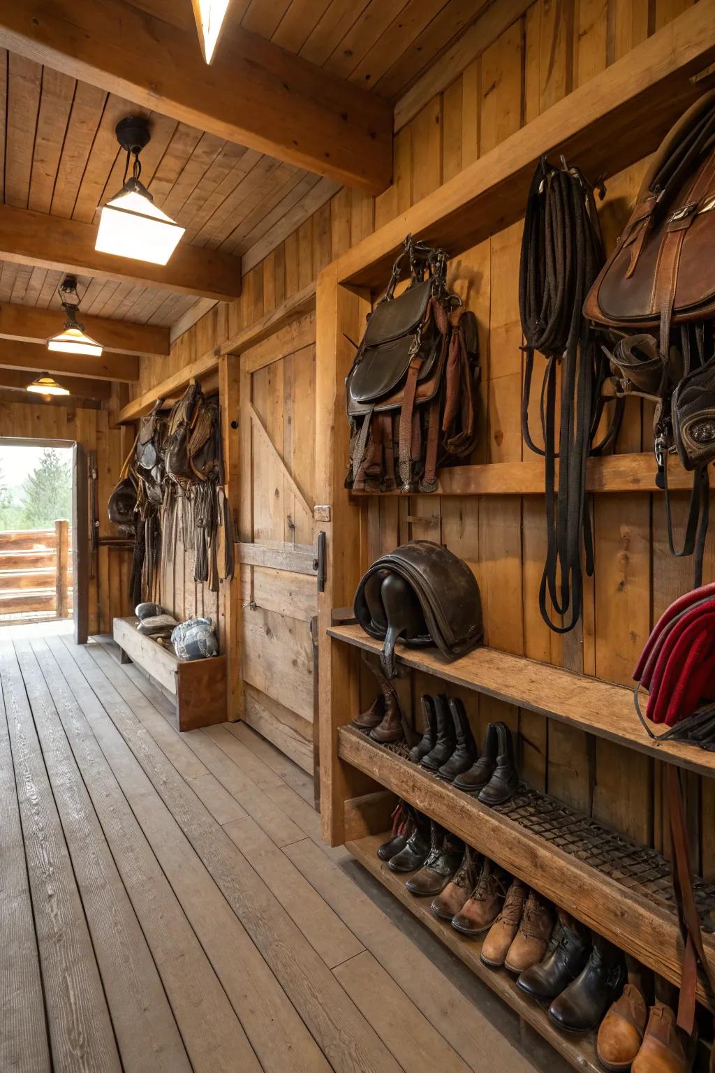 A country-style tack room showcases reclaimed wooden interiors.