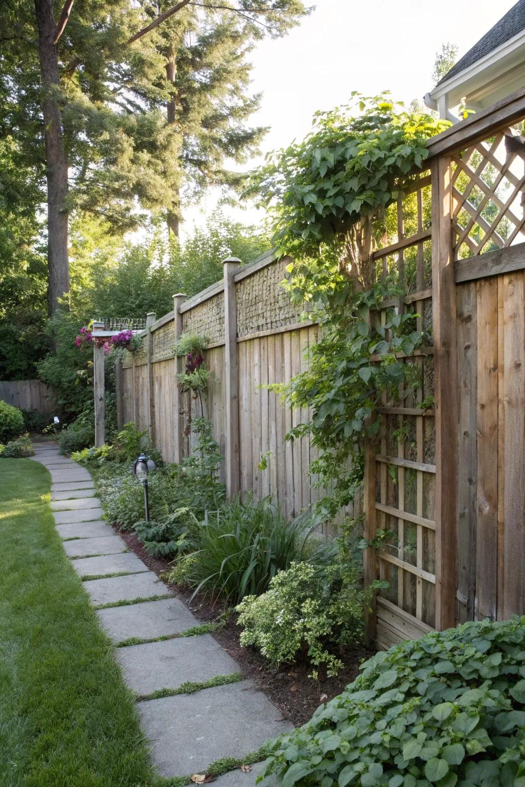 A towering timber fence enhanced with lattice, boosting privacy and style.