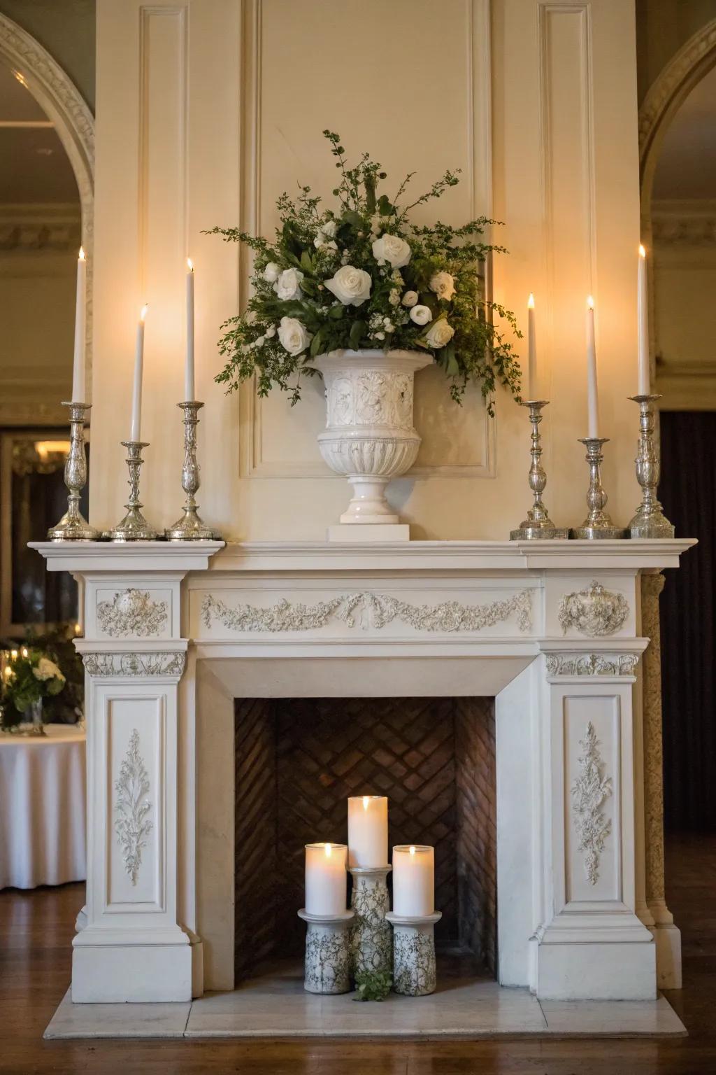 Symmetrical arrangement on a high mantel featuring corresponding decorative jars and lights for visual harmony.