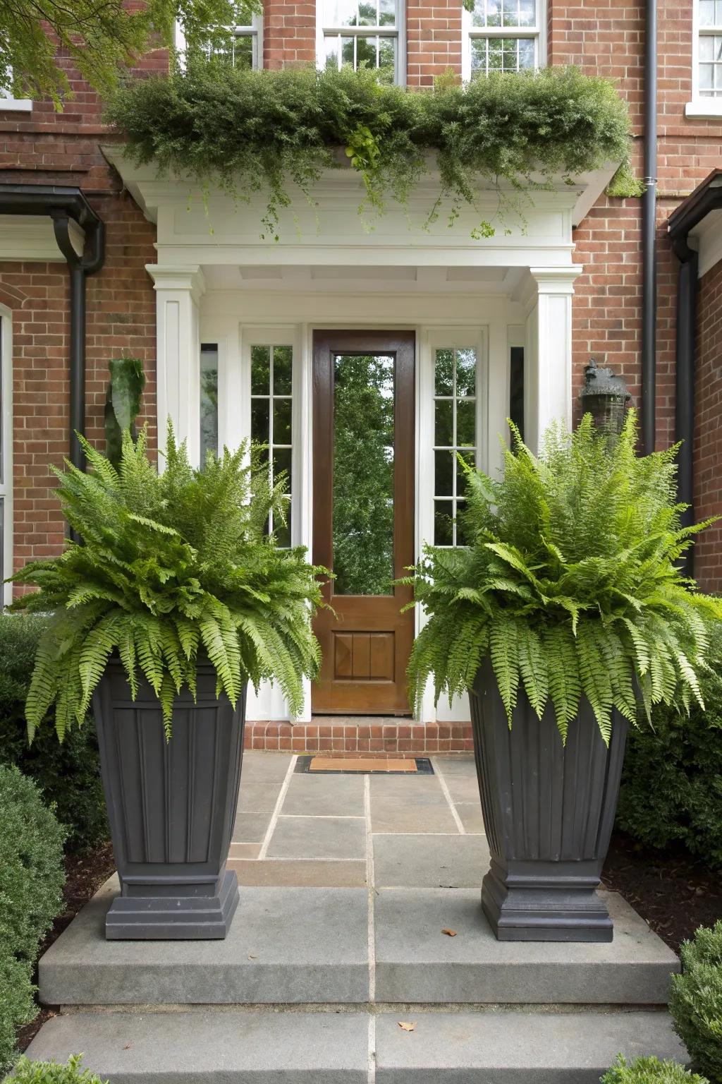 Matching plant containers introduce a dash of class to any porch.