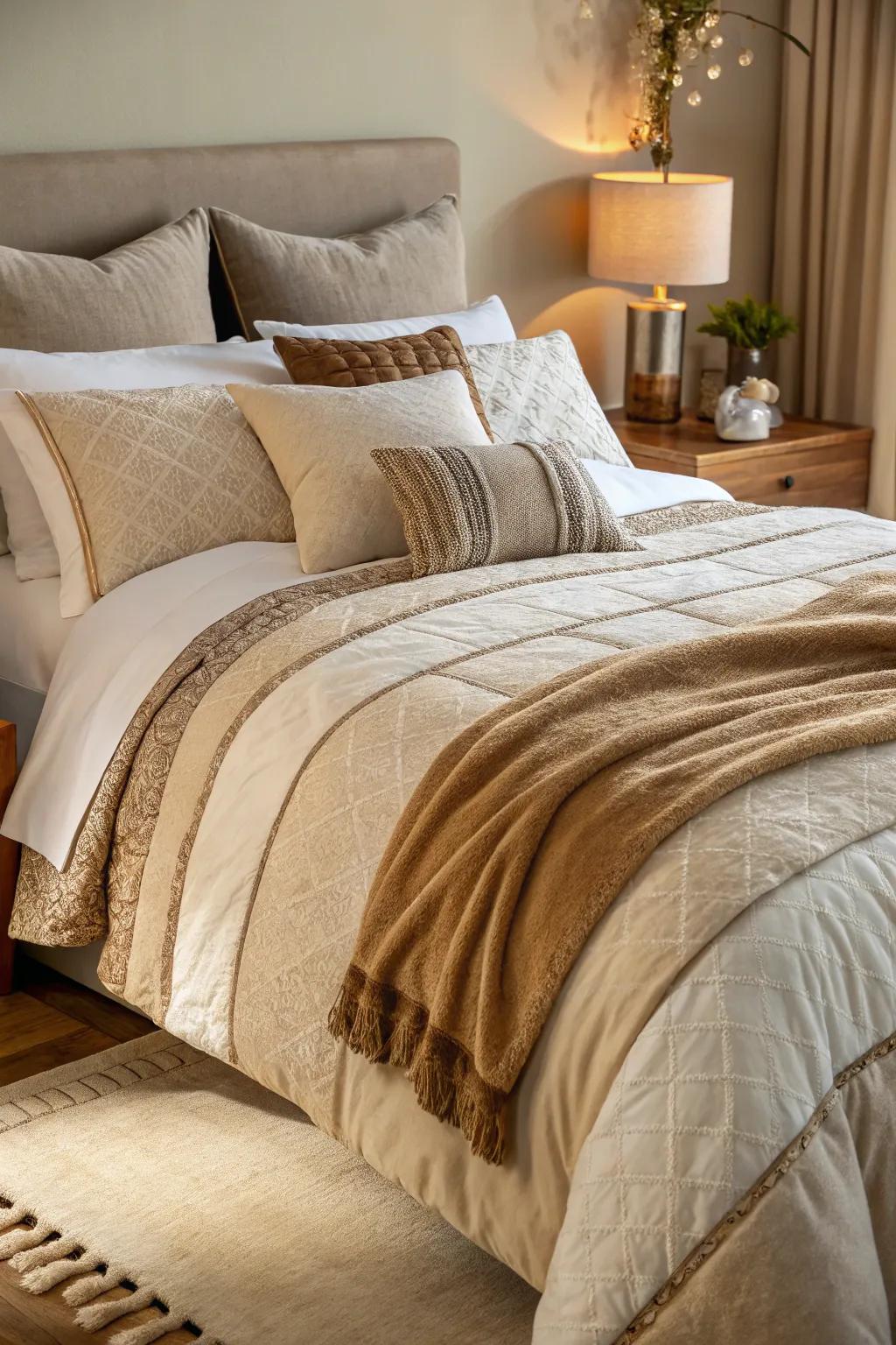 Layers of cream and tan bedding offer a comforting and inviting base.