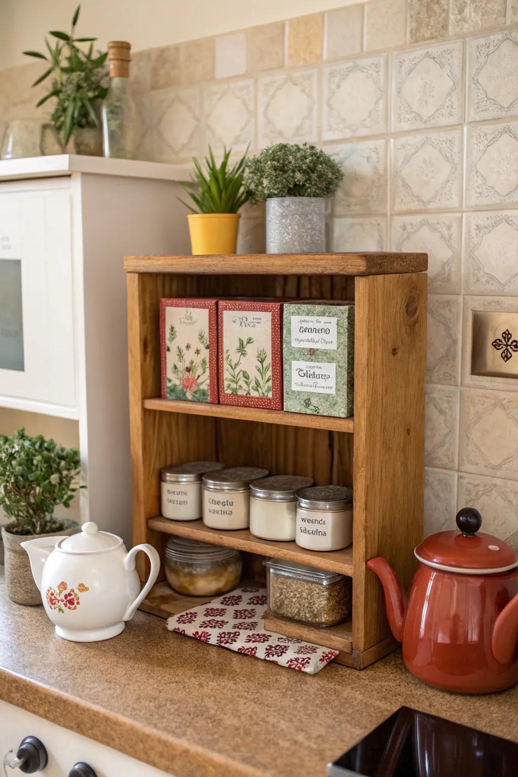 A cozy shelf designed for storing and showcasing tea.