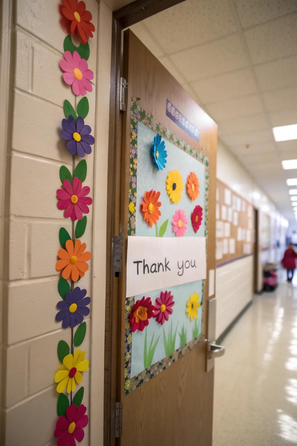 A blossoming garden of gratitude adorning a classroom door.