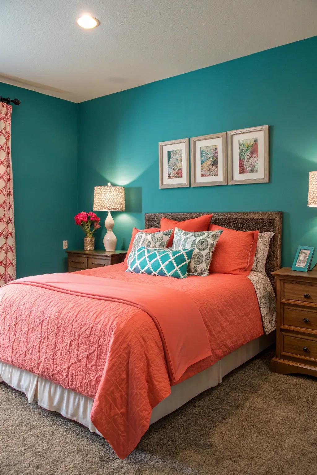 Aqua accent wall perfectly balanced with peach highlights.