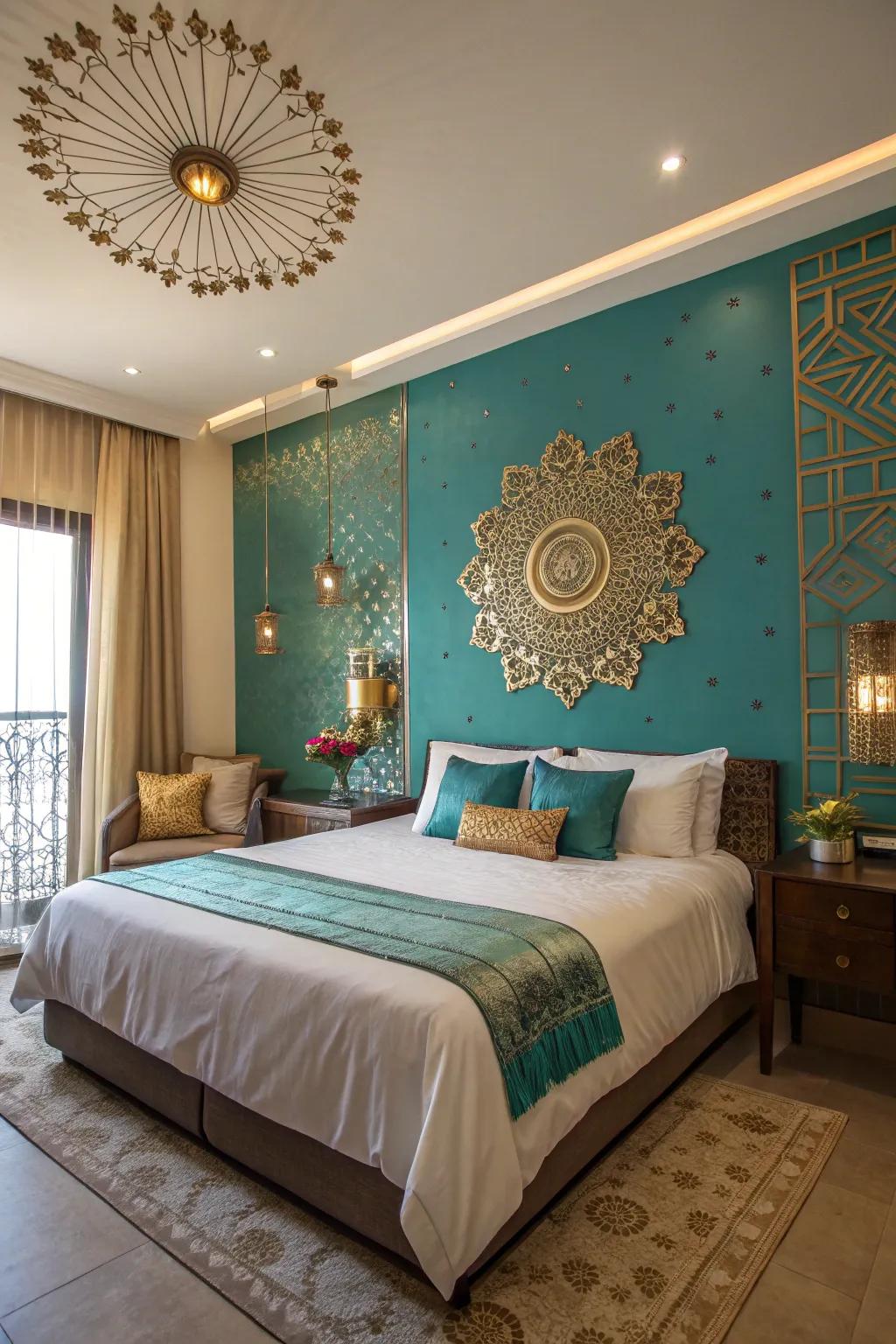 A captivating horizon statement wall establishes a center point in this graceful sleeping quarters.