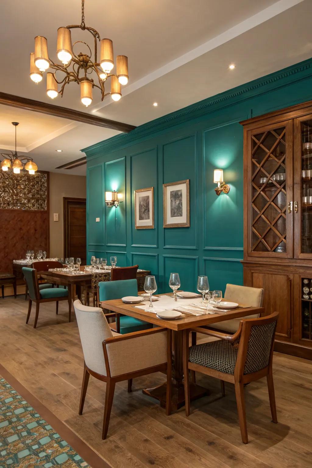 A teal accent wall makes a bold statement in the dining room.