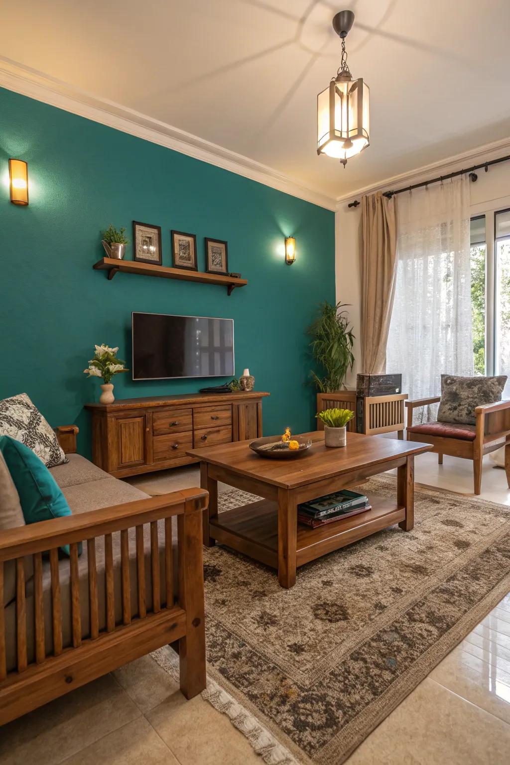A living room showcasing a teal feature wall, beautifully complemented by wooden furniture.