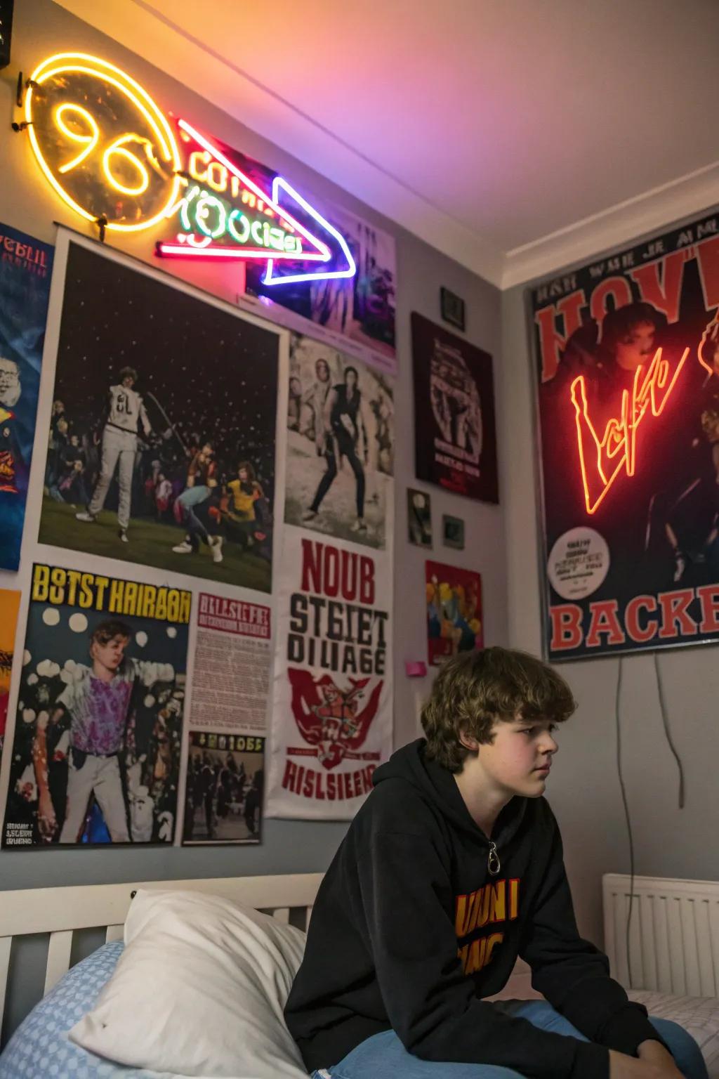Striking wall decor and vibrant neon signs infuse personality into a teen's room.