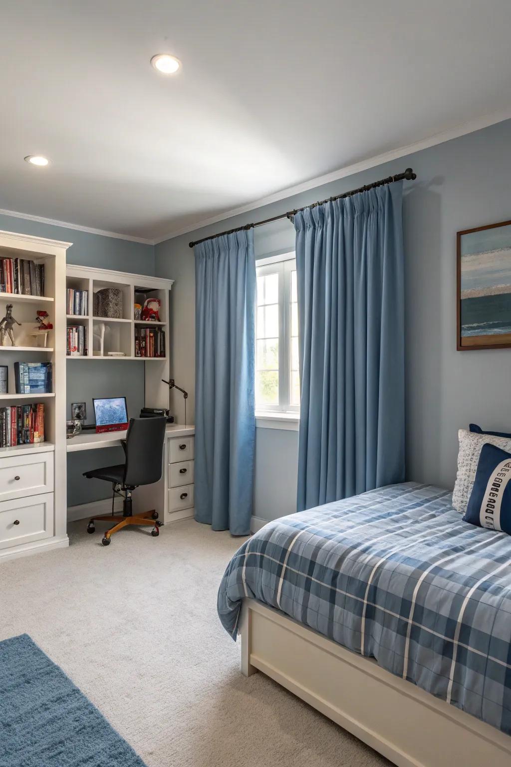 Curtains blending with wall colors create a harmonious visual.