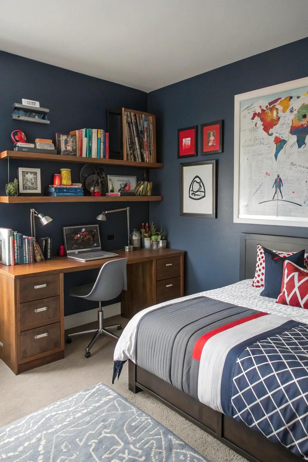 A teen boy's room featuring vibrant navy walls, enhancing its sophistication and character.