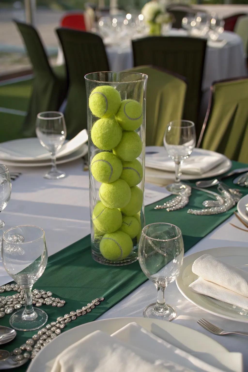 A sports sphere centerpiece imparts an athletic element to your table.