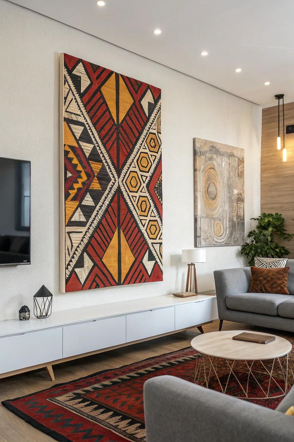 A stand-out art piece with geometric textures adds a modern charm to this fashionable living space.