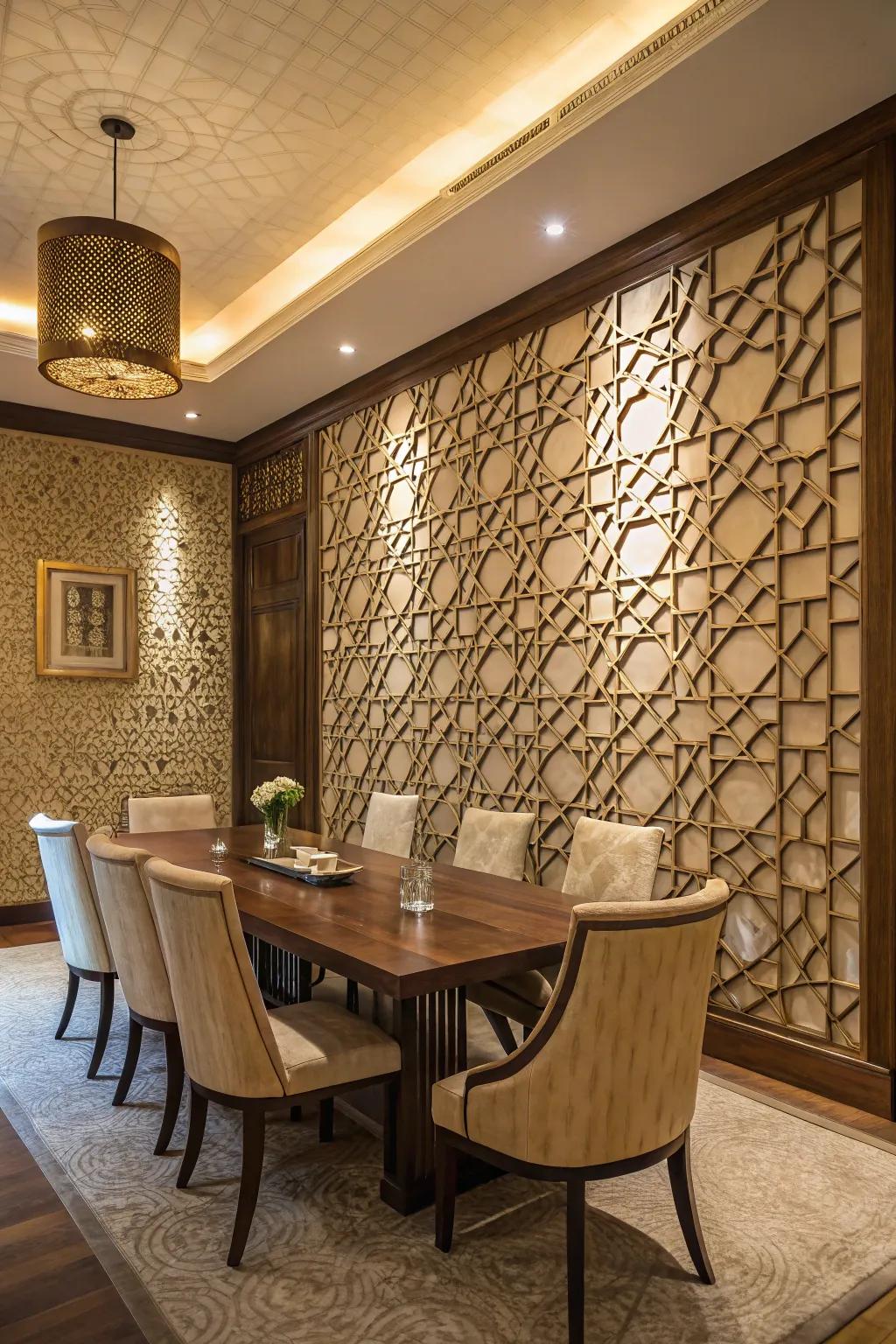 A dining room enhanced with a striking geometric pattern textured wall.