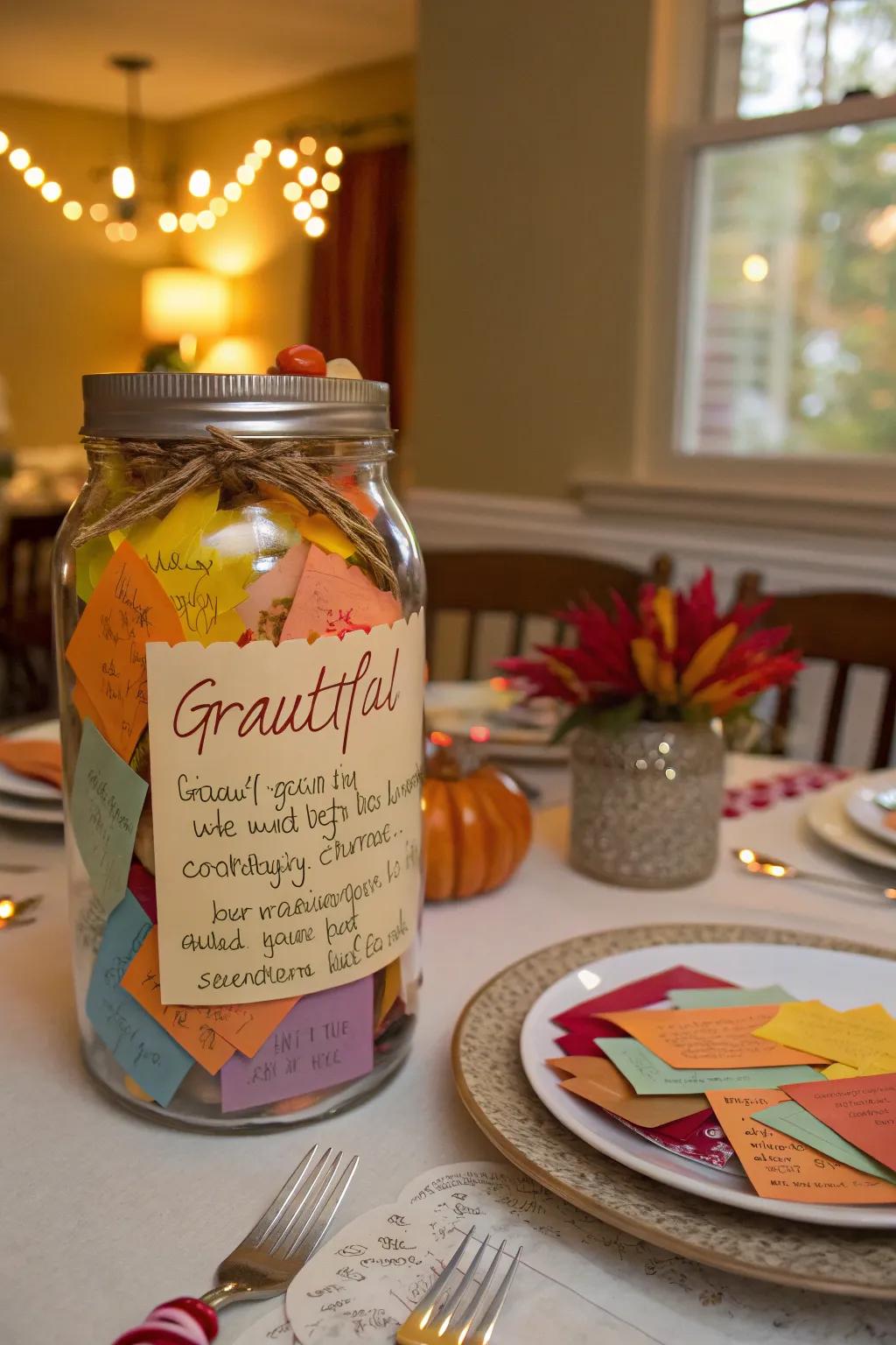 A gratitude receptacle surrounded by vibrant notes, ideal for Thanksgiving reflections.