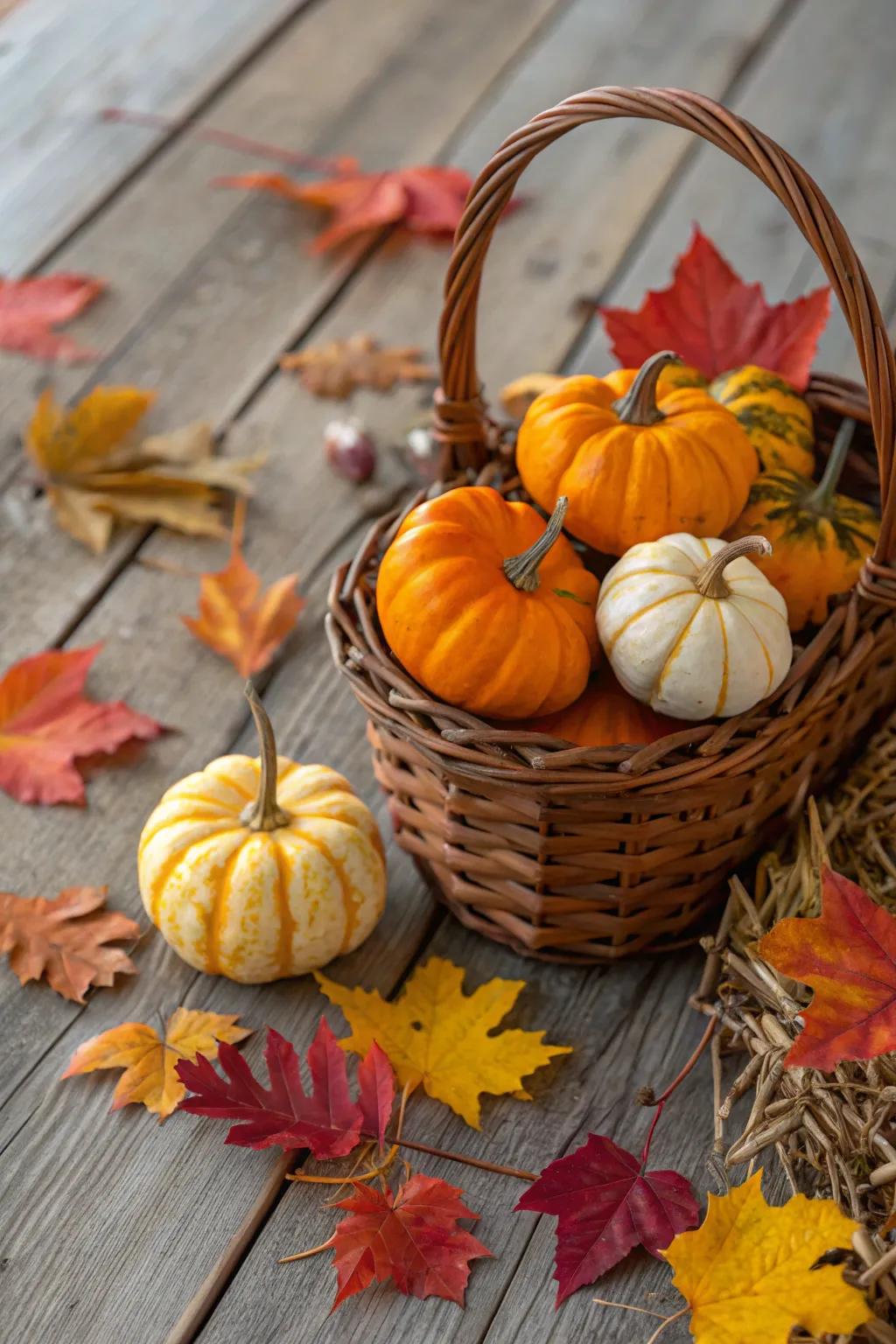 A basket that embodies the beauty of autumn with its pumpkins and gourds.