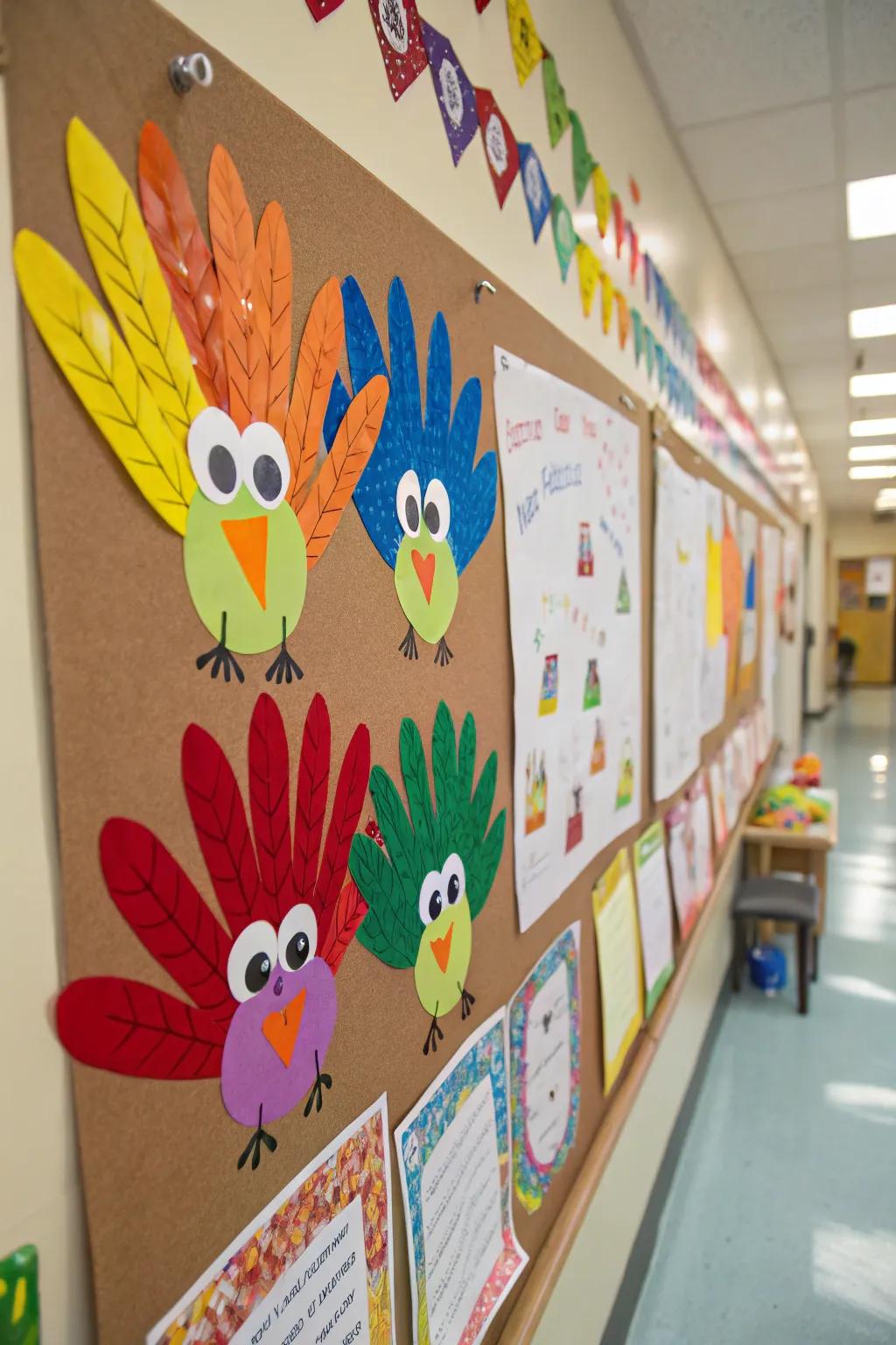 A sweet arrangement of little hand turkeys crafted by preschoolers.