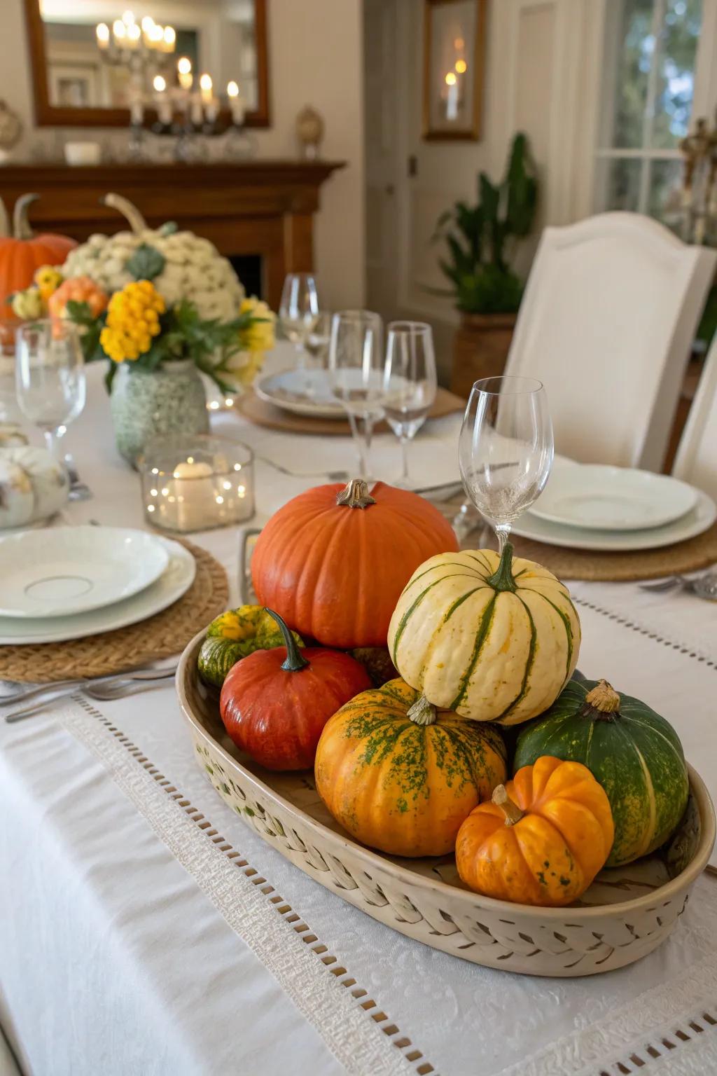 An assortment of white and orange pumpkins creates a sophisticated centerpiece.