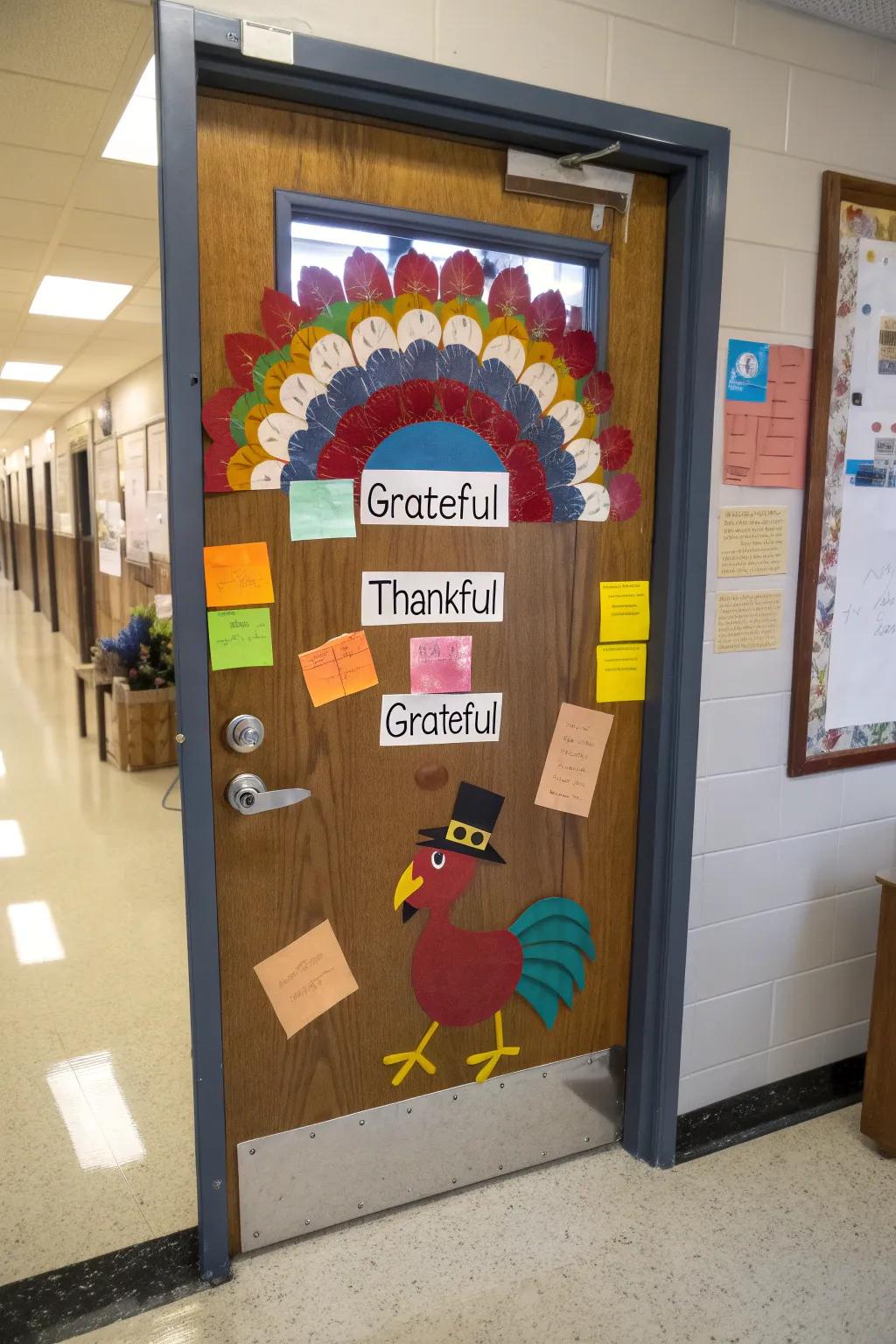 A Turkey of Gratitude door showcasing feathers adorned with students' messages of thankfulness.
