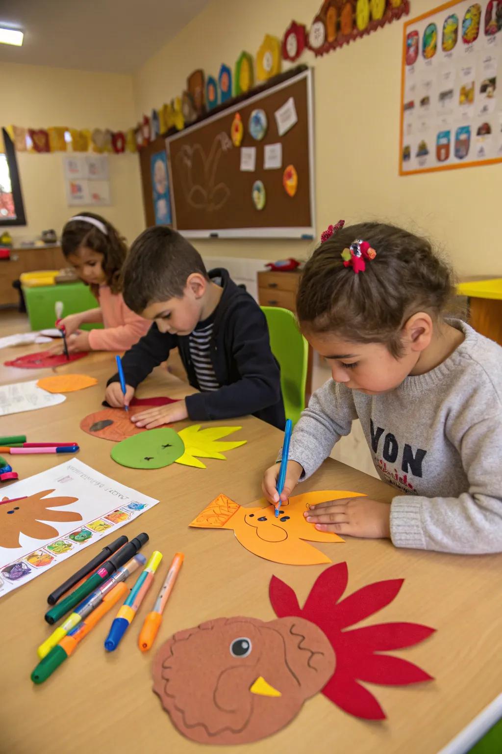 Students show off their colorful handprint turkeys.
