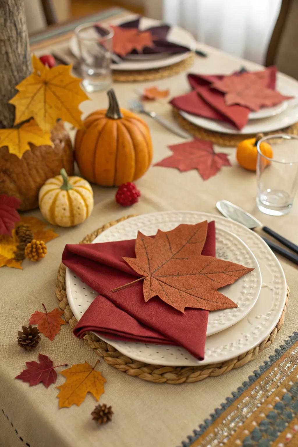 Maple leaf napkins infuse your Thanksgiving table with seasonal charm.