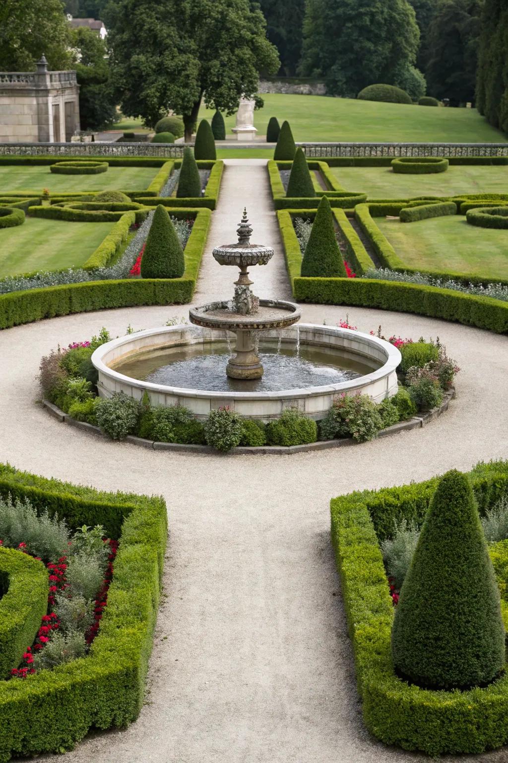 A formal garden displaying flawlessly aligned hedges and a traditional stone fountain.