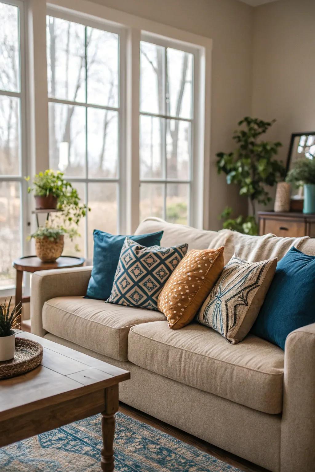 A balanced arrangement of blue, neutral, and earthy-toned pillows enhancing the room's visual appeal.