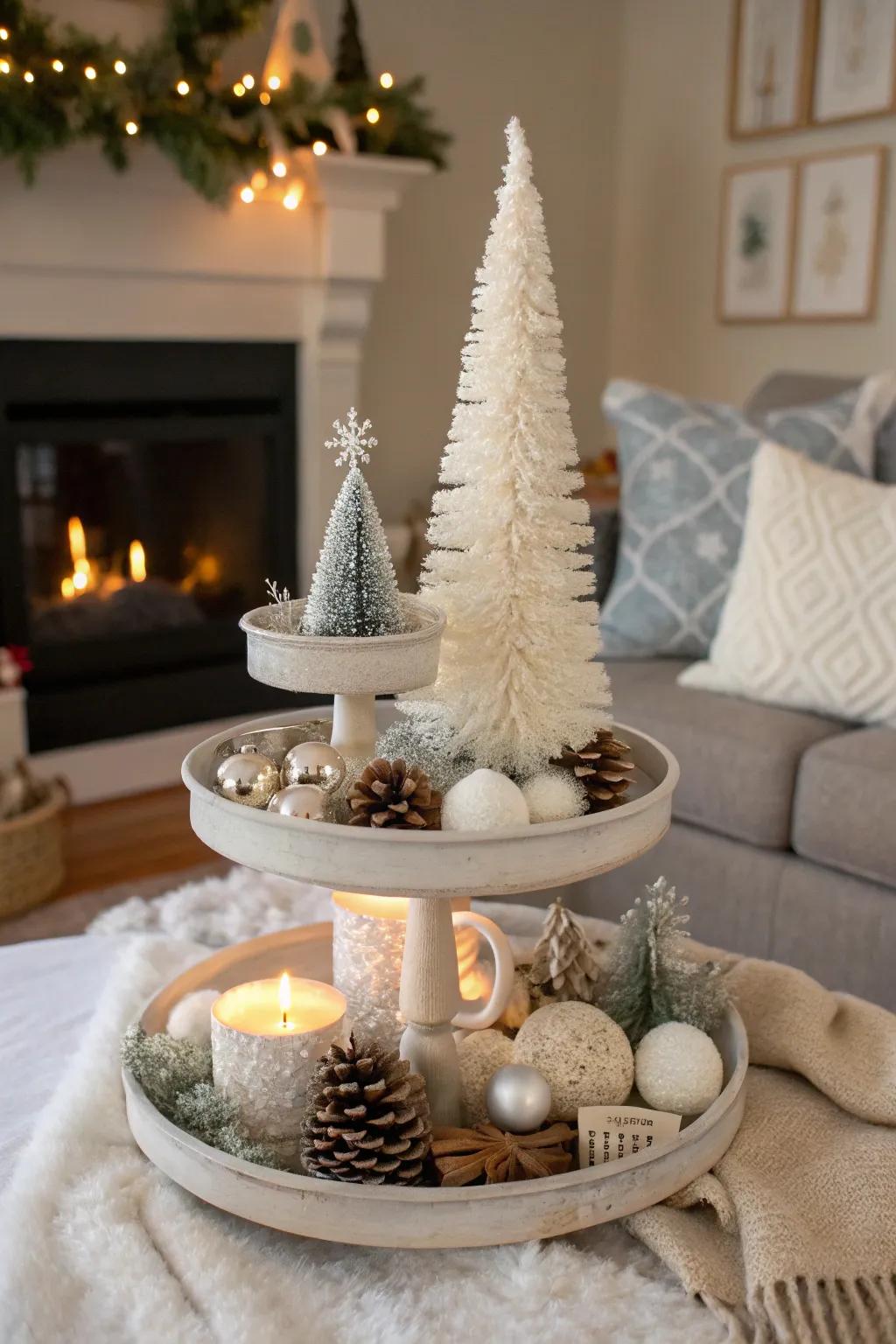 A gorgeously arranged winter-themed tiered tray bringing warmth into the living space.