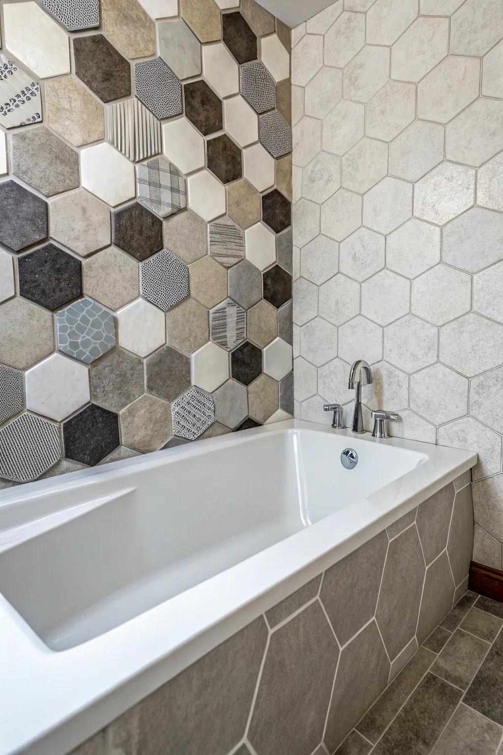 Hexagonal tiles introduce a sleek, geometric flair to any bathtub space.