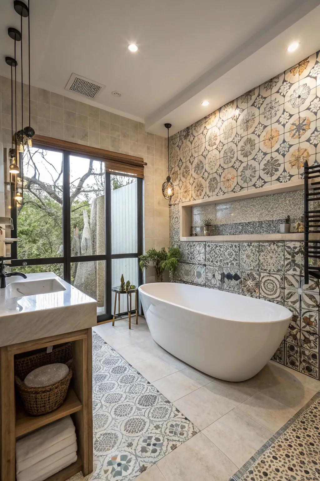 Design a spa-inspired escape with a standalone tub and refined tiles.