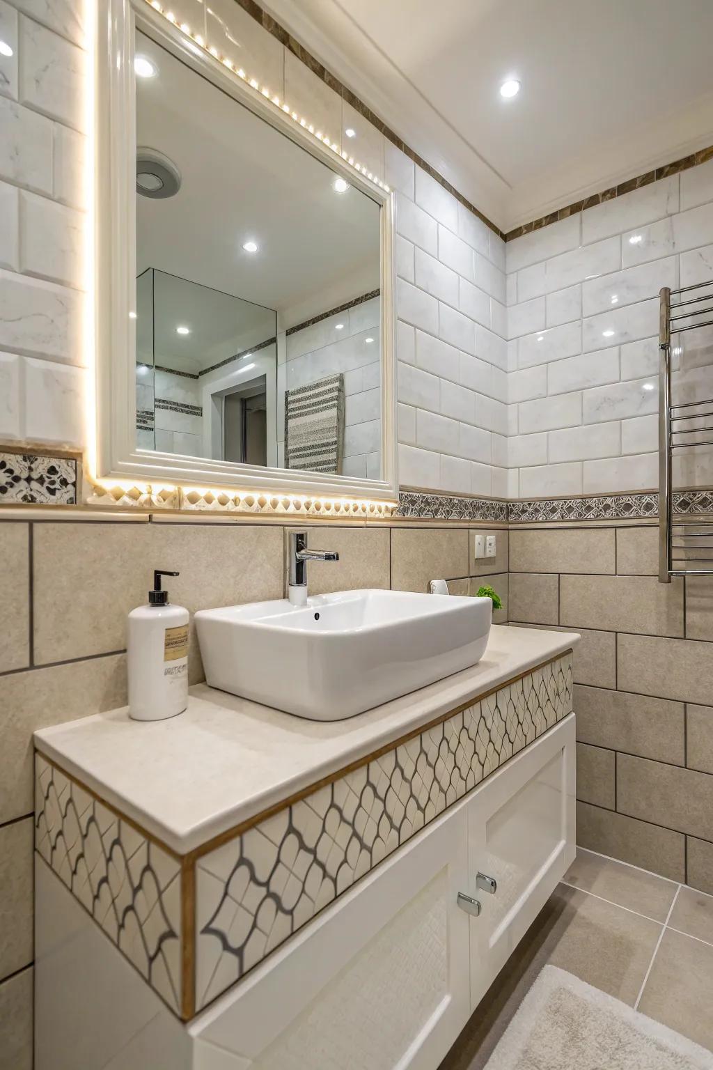 Rounded edge tiles introduce a classic feel to any bathroom or kitchen setting.