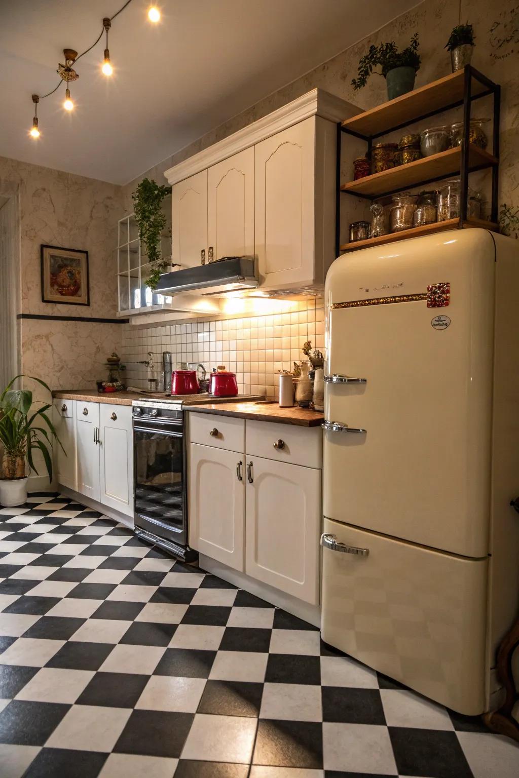 A checkerboard design adds a touch of vintage charm to this delightful kitchen.
