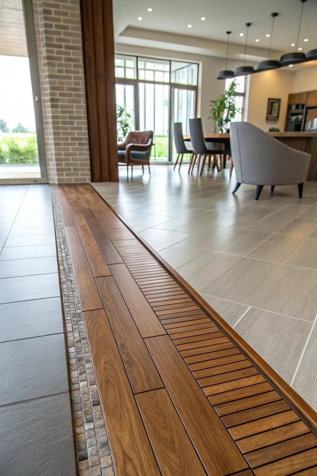 A wooden strip seamlessly brings together ceramic and hardwood surfaces.