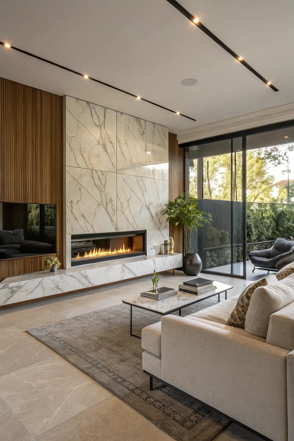 Sleek stone panels establish a modern focal point in this chic living area.