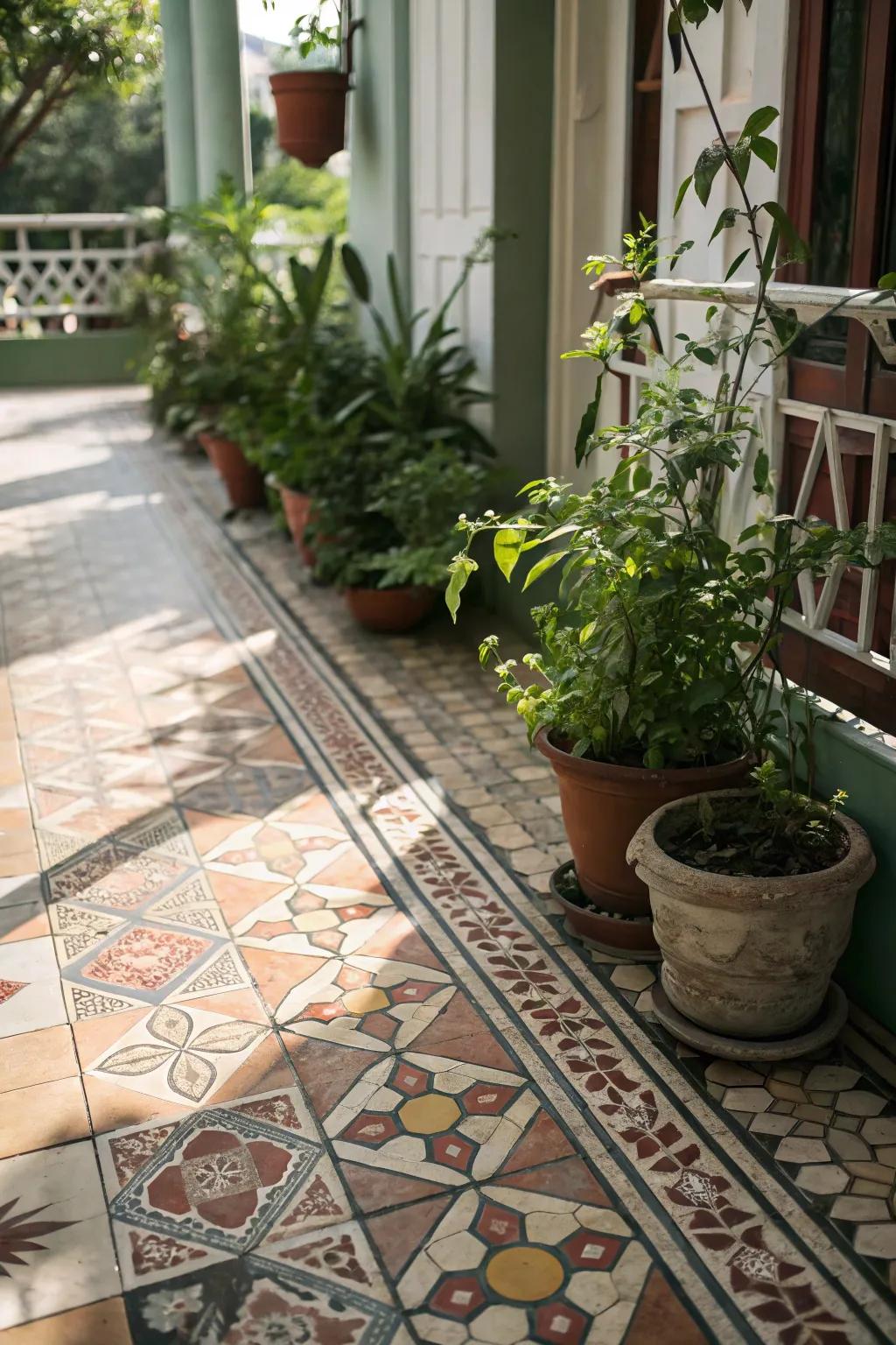 Flooring with classic era designs brings a touch of nostalgia to this inviting porch.