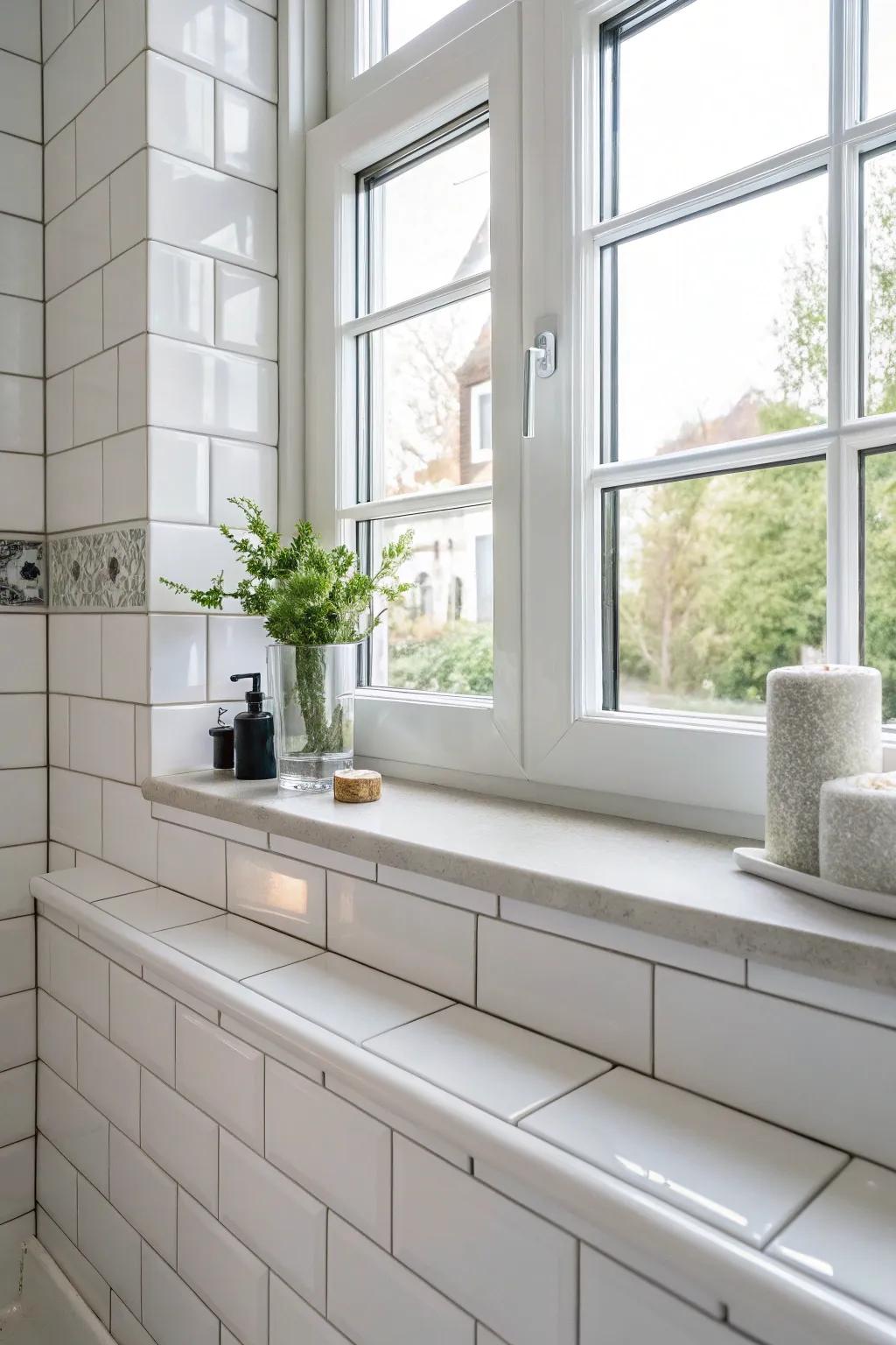 Traditional white earthenware tiles lend an ageless sophistication to this bathroom window sill.