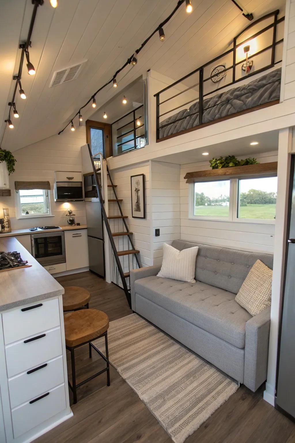 A convertible sofa-bed maximizes living space in a tiny house.