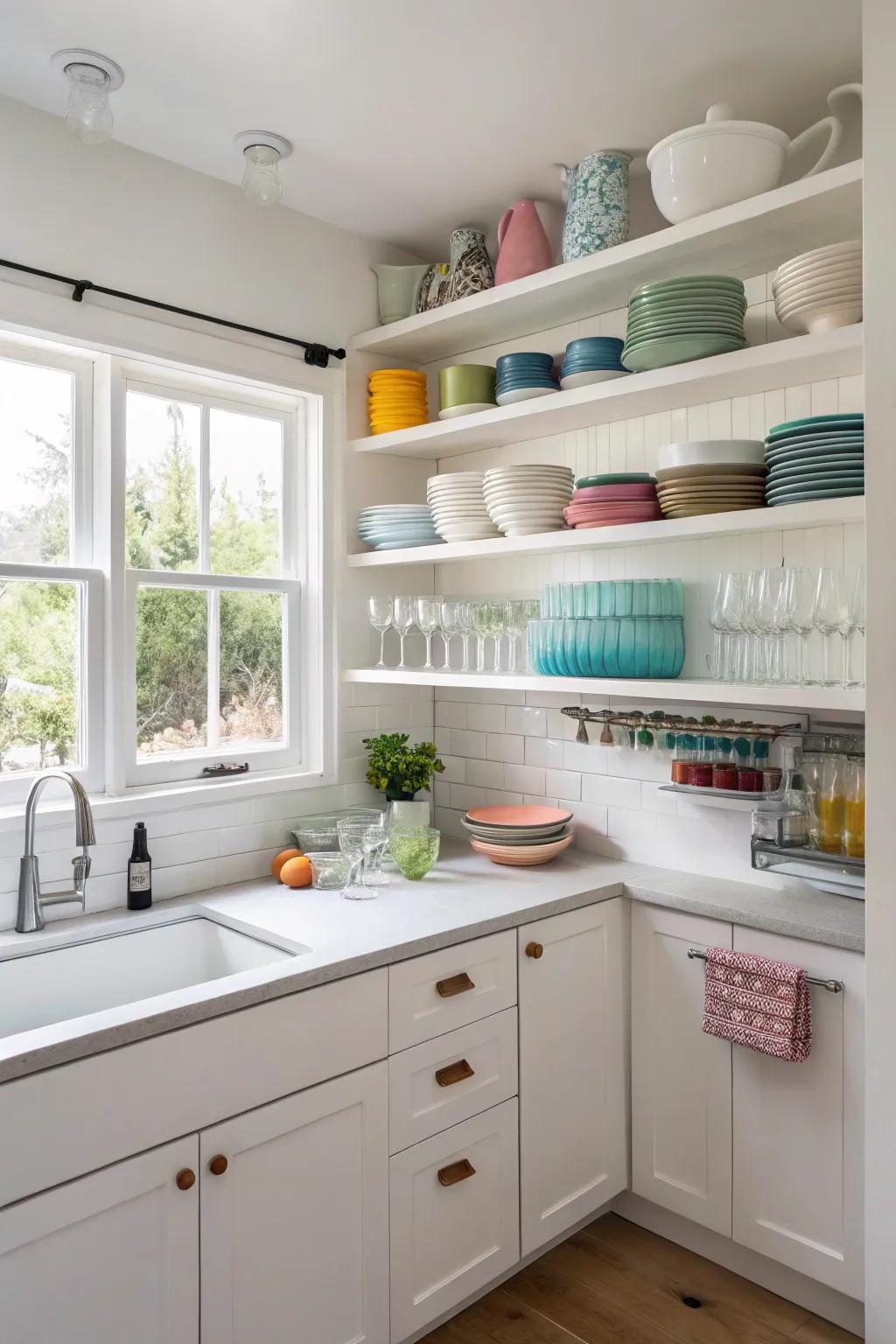Open shelving imparts a sense of spaciousness and flair to a small kitchen.