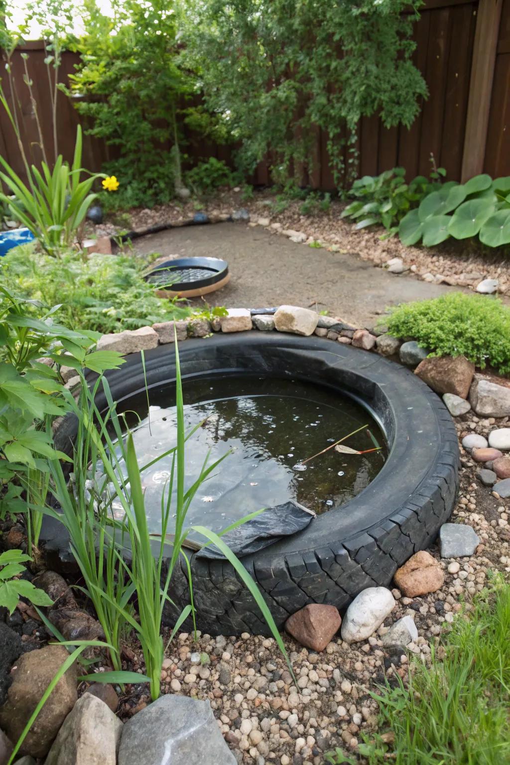 A simple yet elegant tire pond with a plastic liner.