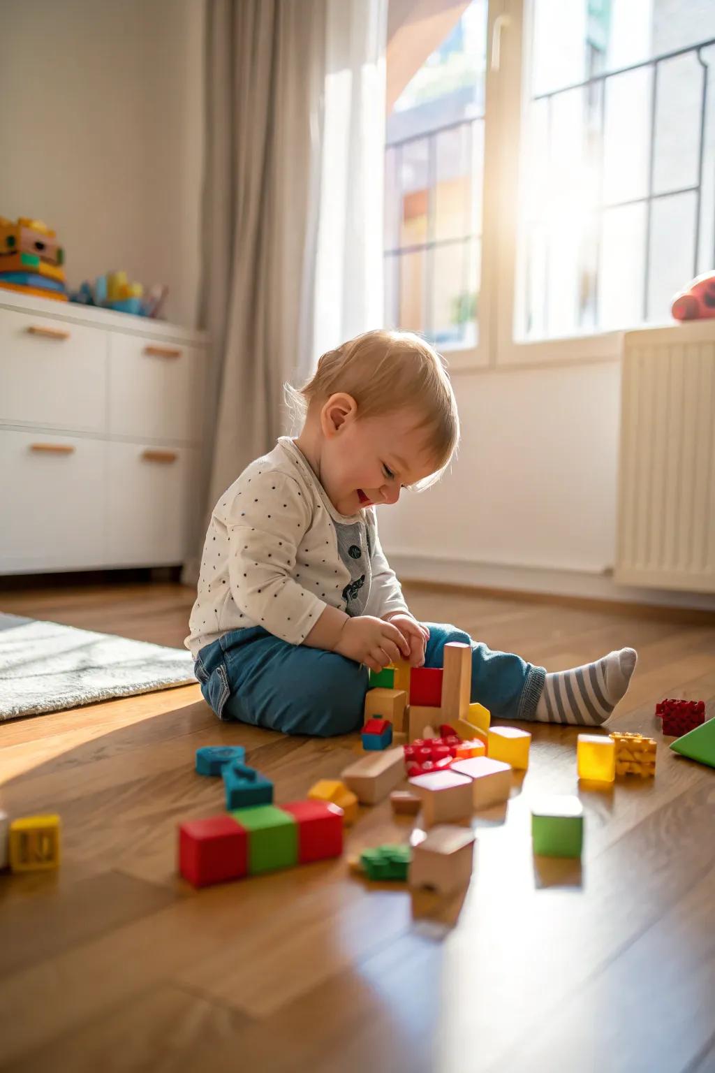A toddler is immersed in fitting vibrant blocks, sparking inventiveness and delight.